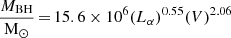 Mathematical equation: $ \frac{M_{\mathrm{BH}}}{\mathrm M_\odot}\,{=}\,15.6\times10^6(L_\alpha)^{0.55}(V)^{2.06} $