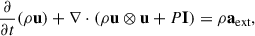 Mathematical equation: $$ \begin{aligned} \frac{\partial }{\partial t} (\rho \mathbf u ) + \nabla \cdot (\rho \mathbf u \otimes \mathbf u + P \mathbf I ) = \rho \mathbf a _{\text{ext}}, \end{aligned} $$