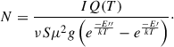 Mathematical equation: $$ \begin{aligned} N=\frac{IQ(T)}{{\nu }S{{\mu }^{2}}{g}\left(e^{\frac{-E{{\prime \prime }}}{kT}} - e^{\frac{-E{\prime }}{kT}}\right)}\cdot \end{aligned} $$