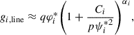 Mathematical equation: $$ \begin{aligned} g_{{i,\mathrm {line}}}\approx q\varphi _{i}^{*}{\left({1+{{C_{i}} \over {p\psi _{i}^{*2}}}}\right)}^{\alpha _{i}} , \end{aligned} $$