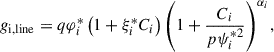 Mathematical equation: $$ \begin{aligned} g_{\rm {i,line}}=q\varphi _{i}^{*}\left({1+\xi _{i}^{*}C_{i}}\right){\left({1+{{C_{i}} \over {p\psi _{i}^{*2}}}}\right)}^{\alpha _{i}} ,\end{aligned} $$