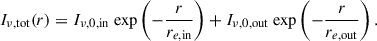 Mathematical equation: $$ \begin{aligned} I_{\nu ,\mathrm{tot}}(r) = I_{\nu ,0,\mathrm{in}}\text{ exp}\left(-\frac{r}{r_{e,\mathrm{in}}}\right) + I_{\nu ,0,\mathrm{out}} \text{ exp}\left(-\frac{r}{r_{e,\mathrm{out}}}\right). \end{aligned} $$