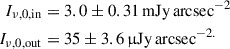 Mathematical equation: $$ \begin{aligned} I_{\nu ,0,\mathrm{in}}&= {3.0\pm 0.31}\,\mathrm{mJy}\,\mathrm{arcsec}^{-2} \\ I_{\nu ,0,\mathrm{out}}&= {35 \pm 3.6}\,\upmu \mathrm{Jy}\,\mathrm{arcsec}^{-2.} \end{aligned} $$