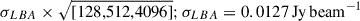 Mathematical equation: $ \sigma_{LBA} \times \sqrt{[128,512,4096]}; \sigma_{LBA}={0.0127}\,\mathrm{Jy}\,\mathrm{beam}^{-1} $