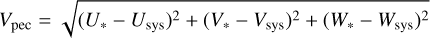Mathematical equation: $\[V_{\mathrm{pec}}=\sqrt{\left(U_*-U_{\mathrm{sys}}\right)^2+\left(V_*-V_{\mathrm{sys}}\right)^2+\left(W_*-W_{\mathrm{sys}}\right)^2}\]$