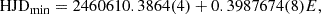 Mathematical equation: $$ \begin{aligned} \mathrm{HJD} _\mathrm{min} = 2460610.3864(4) + 0.3987674(8) E, \end{aligned} $$