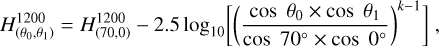 Mathematical equation: $H_{({\theta _0},{\theta _1})}^{1200} = H_{(70,0)}^{1200} - 2.5{\log _{10}}\left[ {{{\left( {{{\cos {\theta _0} \times \cos {\theta _1}} \over {\cos {{70}^ \circ } \times \cos {0^ \circ }}}} \right)}^{k - 1}}} \right],$
