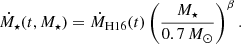 Mathematical equation: $$ \begin{aligned} \dot{M}_{\star }(t,M_{\star }) = \dot{M}_{\rm H16}(t) \left(\frac{M_{\star }}{0.7\,M_{\odot }}\right)^{\beta }. \end{aligned} $$
