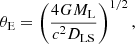 Mathematical equation: $$ \begin{aligned} \theta _{\rm E} = \left(\frac{4GM_{\rm L}}{c^2 D_{\rm LS}}\right)^{1/2}, \end{aligned} $$