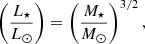 Mathematical equation: $$ \begin{aligned} \left(\frac{L_{\star }}{L_{\odot }}\right) = \left(\frac{M_{\star }}{M_{\odot }}\right)^{3/2}, \end{aligned} $$