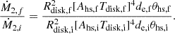 Mathematical equation: $$ \begin{aligned} \frac{\dot{M}_{2,f}}{\dot{M}_{2,i}}= \frac{ {{R}^2_{\rm disk,f}} [A_{\rm hs,f}T_{\rm disk,f}]^{4} d_{\rm e,f} \theta _{\rm hs,f} }{{{R}^2_{\rm disk,i}} [A_{\rm hs,i}T_{\rm disk,i}]^{4} d_{\rm e,i} \theta _{\rm hs,i}}. \end{aligned} $$