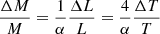 Mathematical equation: $$ \begin{aligned} \frac{\Delta M}{M} = \frac{1}{\alpha } \frac{\Delta L}{L} = \frac{4}{\alpha } \frac{\Delta T}{T} \end{aligned} $$