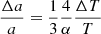 Mathematical equation: $$ \begin{aligned} \frac{\Delta a}{a} = \frac{1}{3} \frac{4}{\alpha } \frac{\Delta T}{T} \end{aligned} $$