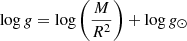 Mathematical equation: $$ \begin{aligned} \log g = \log \left( \frac{M}{R^2} \right) + \log g_{\odot } \end{aligned} $$