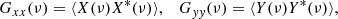Mathematical equation: $$ \begin{aligned} G_{xx}(\nu ) = \langle X(\nu ) X^*(\nu ) \rangle , \quad G_{yy}(\nu ) = \langle Y(\nu ) Y^*(\nu ) \rangle , \end{aligned} $$