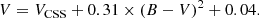 Mathematical equation: $$ \begin{aligned} V = V_{\rm {CSS}} + 0.31 \times (B-V)^2 + 0.04. \end{aligned} $$