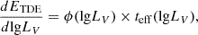 Mathematical equation: $$ \begin{aligned} \frac{dE_{\rm {TDE}}}{d\mathrm{{lg}}{L_V}} = \phi (\mathrm{{lg}}{L_V}) \times t_{\rm {eff}}(\mathrm{{lg}}{L_V}), \end{aligned} $$