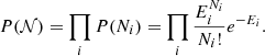 Mathematical equation: $$ \begin{aligned} P(\mathcal{N} ) = \prod _{i} P(N_i) = \prod _{i} \frac{E_i^{N_i}}{N_i!}e^{-E_i}. \end{aligned} $$