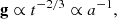 Mathematical equation: $$ \begin{aligned} \mathbf g \propto t^{-2/3}\propto a^{-1}, \end{aligned} $$