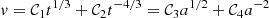 Mathematical equation: $$ \begin{aligned} v= \mathcal{C} _1t^{1/3}+ \mathcal{C} _2t^{-4/3}= \mathcal{C} _3a^{1/2}+ \mathcal{C} _4a^{-2}\, \end{aligned} $$