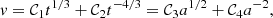Mathematical equation: $$ \begin{aligned} v= \mathcal{C} _1t^{1/3}+ \mathcal{C} _2t^{-4/3}= \mathcal{C} _3a^{1/2}+ \mathcal{C} _4a^{-2}, \end{aligned} $$