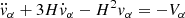 Mathematical equation: $$ \begin{aligned} \ddot{v}_{\alpha }+ 3H\dot{v}_{\alpha }- H^2v_{\alpha }= -V_{\alpha }\, \end{aligned} $$