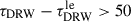 Mathematical equation: $ \tau_{\mathrm{DRW}} - \tau_{\mathrm{DRW}}^{\mathrm{le}} > 50 $