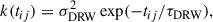 Mathematical equation: $$ \begin{aligned} k(t_{ij}) = \sigma _{\rm DRW}^2 \exp (-t_{ij}/\tau _{\rm DRW}), \end{aligned} $$