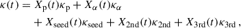 Mathematical equation: $$ \begin{aligned} \begin{aligned} \kappa (t) =&\ X_{\mathrm{p} }(t) \kappa _{\mathrm{p} } + X_{\alpha }(t) \kappa _{\alpha } \\&+ X_{\mathrm{seed} }(t) \kappa _{\mathrm{seed} } + X_{\mathrm{2nd} }(t) \kappa _{\mathrm{2nd} } + X_{\mathrm{3rd} }(t) \kappa _{\mathrm{3rd} }\,, \end{aligned} \end{aligned} $$