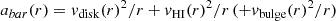 Mathematical equation: $$ \begin{aligned} a_{bar} (r) = v_{\rm {disk}}(r)^2 /r + v_{\rm {HI}}(r)^2 /r \,(+ v_{\rm {bulge}}(r)^2 /r) \end{aligned} $$