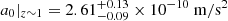 Mathematical equation: $ a_0|_{z\sim1} = 2.61^{+0.13}_{-0.09} \times 10^{-10}\ \mathrm{m/s^2} $