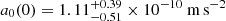 Mathematical equation: $ a_0(0) = 1.11 ^{+0.39}_{-0.51}\times 10^{-10}\ \mathrm{m\,s^{-2}} $