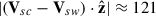 Mathematical equation: $ |(\mathbf{V}_{sc}-\mathbf{V}_{sw})\cdot \hat{\mathbf{z}}|\approx121 $