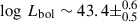 Mathematical equation: $ \log\,L_{\mathrm{bol}}\sim 43.4\pm^{0.6}_{0.5} $
