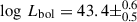Mathematical equation: $ \log\,L_{\mathrm{bol}}=43.4\pm^{0.6}_{0.5} $