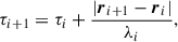 Mathematical equation: $$ \begin{aligned} \tau _{i+1} = \tau _{i} + \frac{|\boldsymbol{r}_{i+1} - \boldsymbol{r}_i|}{\lambda _i}, \end{aligned} $$