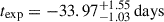 Mathematical equation: $ t_{\mathrm{exp}}=-33.97^{+1.55}_{-1.03}\,\mathrm{days} $