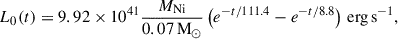 Mathematical equation: $$ \begin{aligned} L_{0}(t) = 9.92 \times 10^{41} \frac{M_{\mathrm{Ni}}}{0.07\,\mathrm{M}_{\odot }} \left(e^{-t/111.4} - e^{-t/8.8}\right)\,\mathrm{erg\,s^{-1}}, \end{aligned} $$