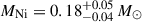 Mathematical equation: $ M_{\mathrm{Ni}} = 0.18^{+0.05}_{-0.04}\,M_{\odot} $