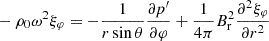 Mathematical equation: $$ \begin{aligned}&-\rho _0 \omega ^2 \xi _\varphi = - \frac{1}{r\sin \theta } \frac{\partial p^{\prime }}{\partial \varphi } + \frac{1}{4\pi } B_{\rm r}^2 \frac{\partial ^2 \xi _\varphi }{\partial r^2} \end{aligned} $$