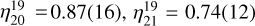 Mathematical equation: $\[\eta_{20}^{19}= 0.87(16), \eta_{21}^{19}=0.74(12)\]$
