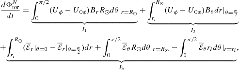 Mathematical equation: $$ \begin{aligned} \begin{aligned} \frac{d \Phi _{\rm tor}^N}{d t} = \underset{I_{1}}{\underbrace{\int _0^{\pi /2} (\overline{U}_\phi - \overline{U}_{0\phi })\overline{B}_r R_\odot d\theta |_{r=R_\odot }}} + \underset{I_{2}}{\underbrace{\int _{r_i}^{R_\odot } (\overline{U}_\phi - \overline{U}_{0\phi })\overline{B}_\theta dr |_{\theta = \frac{\pi }{2}}}}\\ + \underset{I_{3}}{\underbrace{\int _{r_i}^{R_\odot } (\overline{\mathcal{E} }_r |_{\theta = 0} - \overline{\mathcal{E} }_r |_{\theta =\frac{\pi }{2}})dr+ \int _0^{\pi /2} \overline{\mathcal{E} }_\theta R_\odot d\theta |_{r=R_\odot }-\int _0^{\pi /2} \overline{\mathcal{E} }_\theta r_{i} d\theta |_{r=r_{i}}}}, \end{aligned} \end{aligned} $$