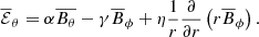 Mathematical equation: $$ \begin{aligned} \overline{\mathcal{E} }_\theta&=\alpha \overline{B_{\theta }} - \gamma \overline{B}_\phi + \eta \frac{1}{r} \frac{\partial }{\partial r} \left( r \overline{B}_\phi \right). \end{aligned} $$