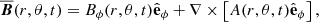 Mathematical equation: $$ \begin{aligned} \overline{\boldsymbol{B}}(r, \theta , t) = B_\phi (r, \theta ,t)\hat{\mathbf{e }}_{\phi } +\nabla \times \left[A(r, \theta ,t)\hat{\mathbf{e }}_{\phi }\right], \end{aligned} $$