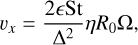 Mathematical equation: $\[v_x=\frac{2 \epsilon \mathrm{St}}{\Delta^2} \eta R_0 \Omega,\]$