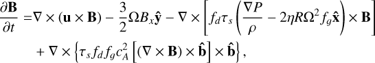 Mathematical equation: $\[\begin{aligned}\frac{\partial \mathbf{B}}{\partial t}= & \nabla \times(\mathbf{u} \times \mathbf{B})-\frac{3}{2} \Omega B_x \hat{\mathbf{y}}-\nabla \times\left[f_d \tau_s\left(\frac{\nabla P}{\rho}-2 \eta R \Omega^2 f_g \hat{\mathbf{x}}\right) \times \mathbf{B}\right] \\& +\nabla \times\left\{\tau_s f_d f_g c_A^2[(\nabla \times \mathbf{B}) \times \hat{\mathbf{b}}] \times \hat{\mathbf{b}}\right\},\end{aligned}\]$