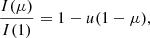 Mathematical equation: $$ \begin{aligned} \frac{I(\mu )}{I(1)} = 1 - u (1 - \mu ), \end{aligned} $$