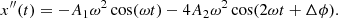 Mathematical equation: $$ \begin{aligned} x^{\prime \prime }(t)&= -A_1 \omega ^2 \cos (\omega t) - 4A_2 \omega ^2 \cos (2\omega t + \Delta \phi ). \end{aligned} $$
