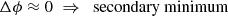 Mathematical equation: $$ \begin{aligned} \Delta \phi \approx 0 \;\Rightarrow \; \text{ secondary} \text{ minimum} \end{aligned} $$