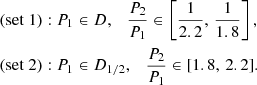Mathematical equation: $$ \begin{aligned} \mathrm{(set~1) :}~P_1&\in D, \quad \frac{P_2}{P_1} \in \left[\frac{1}{2.2},\,\frac{1}{1.8}\right],\\ \mathrm{(set~2) :}~P_1&\in D_{1/2},\quad \frac{P_2}{P_1} \in [1.8,\,2.2]. \end{aligned} $$